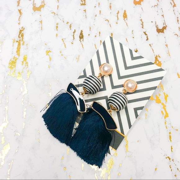 Navy Nautical Pearl Striped Fringe Earrings - Picture 3 of 3